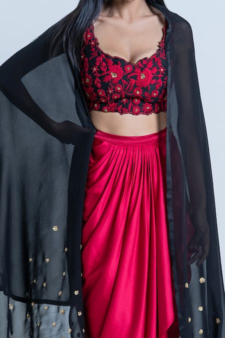 Buy_Nautanky_Black Bustier Silk, Dupatta Organza, Skirt Satin Floral Sweetheart Work Set _Online_at_Aza_Fashions