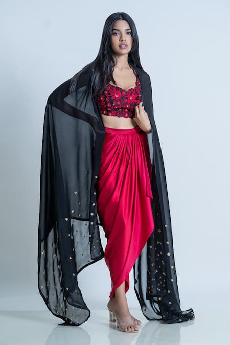 Shop_Nautanky_Black Bustier Silk, Dupatta Organza, Skirt Satin Floral Sweetheart Work Set _Online_at_Aza_Fashions