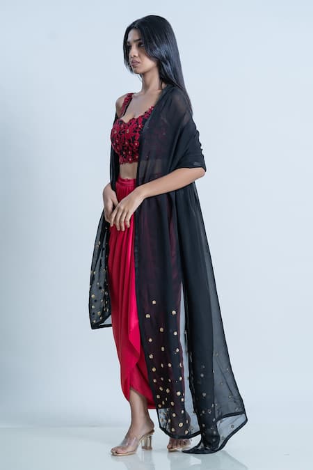 Nautanky_Black Bustier Silk, Dupatta Organza, Skirt Satin Floral Sweetheart Work Set _at_Aza_Fashions