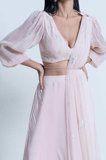 Buy Nautanky Pink Blouse Silk, Dupatta Net, Skirt Crepe Floral, Plunging Work Set Online at Aza Fashions Buy_Nautanky_Pink Blouse Silk, Dupatta Net, Skirt Crepe Floral, Plunging Work Set _Online_at_Aza_Fashions