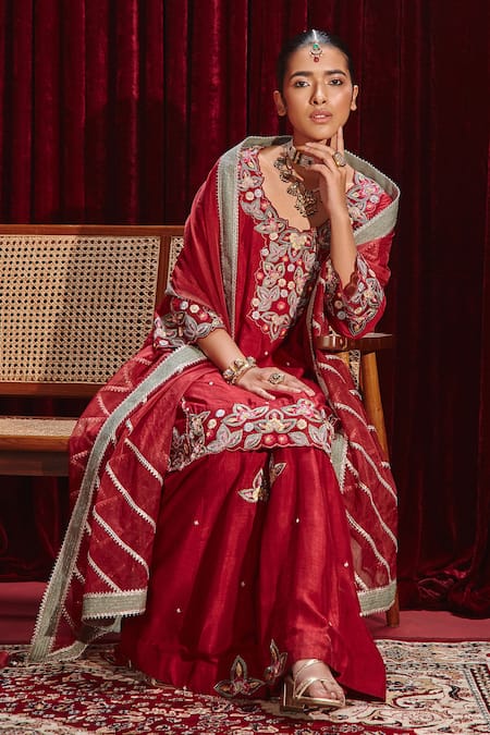 Buy Ajiesh Oberoi Wine Silk, Organza Lace, Embroidery, Gota Patti Round Neck Shagun Sharara Set Online at Aza Fashions Buy_Ajiesh Oberoi_Wine Silk, Organza Lace, Embroidery, Gota Patti Round Neck Shagun Sharara Set _Online_at_Aza_Fashions