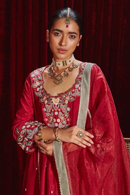 Shop Ajiesh Oberoi Wine Silk, Organza Lace, Embroidery, Gota Patti Round Neck Shagun Sharara Set Online at Aza Fashions Shop_Ajiesh Oberoi_Wine Silk, Organza Lace, Embroidery, Gota Patti Round Neck Shagun Sharara Set _Online_at_Aza_Fashions