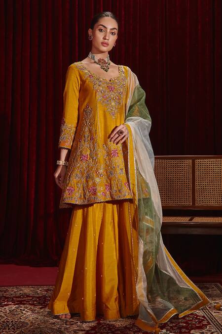 Ajiesh Oberoi Yellow Silk, Organza Embroidery Round Neck Anahita Intricate Kurta Gharara Set Online at Aza Fashions Ajiesh Oberoi_Yellow Silk, Organza Embroidery Round Neck Anahita Intricate Kurta Gharara Set _Online_at_Aza_Fashions