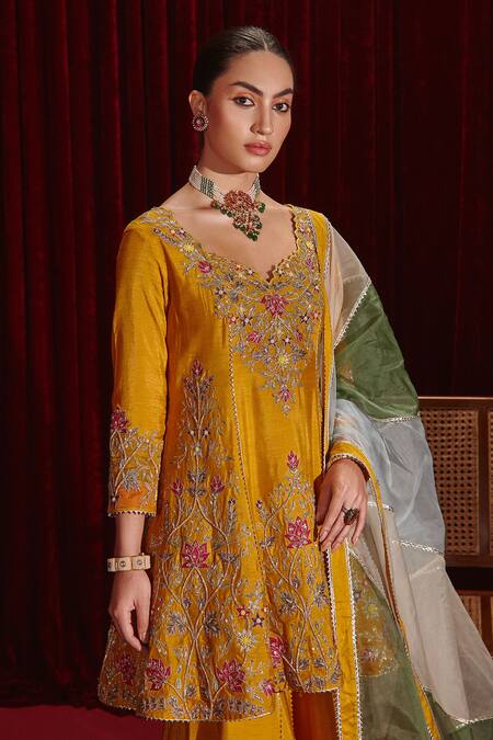 Buy Ajiesh Oberoi Yellow Silk, Organza Embroidery Round Neck Anahita Intricate Kurta Gharara Set Online at Aza Fashions Buy_Ajiesh Oberoi_Yellow Silk, Organza Embroidery Round Neck Anahita Intricate Kurta Gharara Set _Online_at_Aza_Fashions