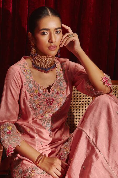 Ajiesh Oberoi Pink Silk, Organza Beads, Lace Round Manu Floral Embroidered Kurta And Gharara Set Online at Aza Fashions Ajiesh Oberoi_Pink Silk, Organza Beads, Lace Round Manu Floral Embroidered Kurta And Gharara Set _Online_at_Aza_Fashions