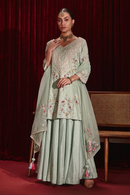 Ajiesh Oberoi Blue Silk, Organza Lace, Tassels, Embroidery Kavyanjali Kurta Sharara Set Online at Aza Fashions Ajiesh Oberoi_Blue Silk, Organza Lace, Tassels, Embroidery Kavyanjali Kurta Sharara Set _Online_at_Aza_Fashions