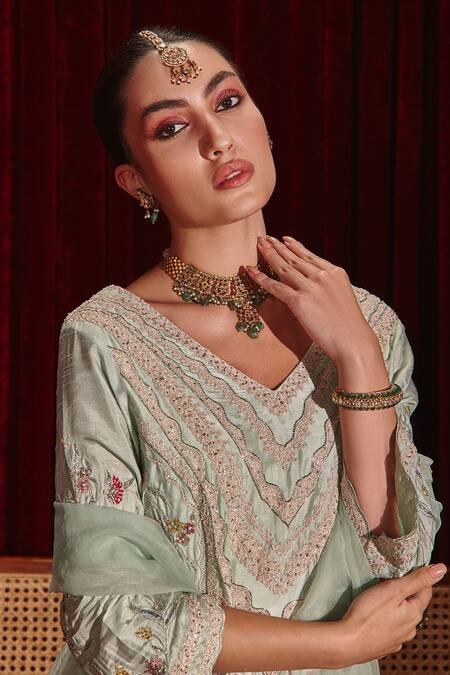 Shop Ajiesh Oberoi Blue Silk, Organza Lace, Tassels, Embroidery Kavyanjali Kurta Sharara Set Online at Aza Fashions Shop_Ajiesh Oberoi_Blue Silk, Organza Lace, Tassels, Embroidery Kavyanjali Kurta Sharara Set _Online_at_Aza_Fashions