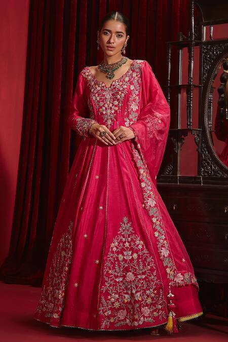 Ajiesh Oberoi Pink Silk, Lycra, Organza Tassels, Cut Work, Naira Floral Long Anarkali Set Online at Aza Fashions Ajiesh Oberoi_Pink Silk, Lycra, Organza Tassels, Cut Work, Naira Floral Long Anarkali Set _Online_at_Aza_Fashions