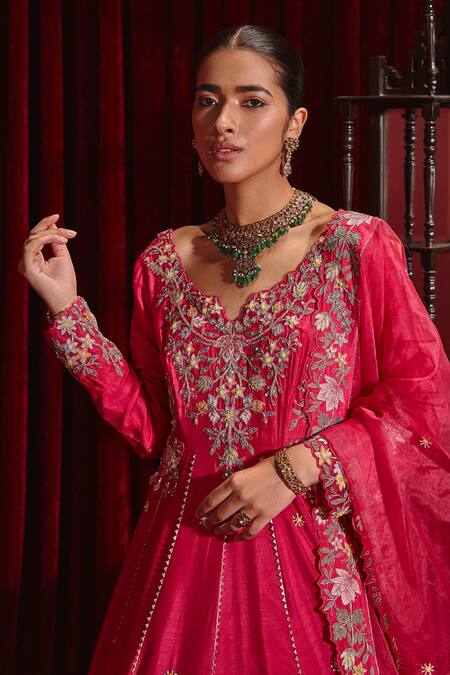Shop Ajiesh Oberoi Pink Silk, Lycra, Organza Tassels, Cut Work, Naira Floral Long Anarkali Set Online at Aza Fashions Shop_Ajiesh Oberoi_Pink Silk, Lycra, Organza Tassels, Cut Work, Naira Floral Long Anarkali Set _Online_at_Aza_Fashions