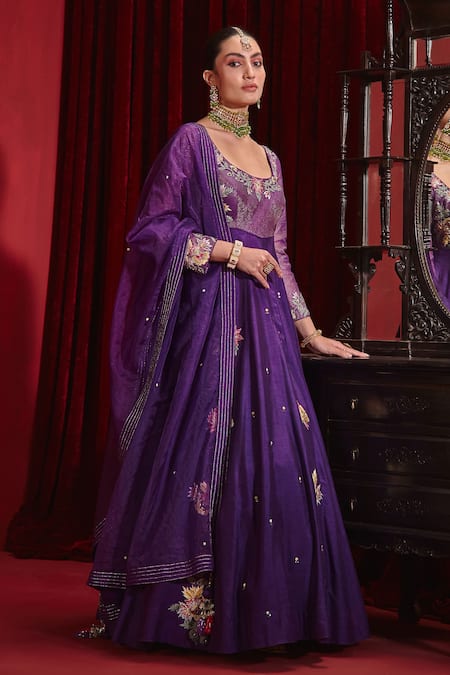 Ajiesh Oberoi Purple Silk, Organza, Lycra Embroidery, Tassels Saloni Floral Long Anarkali Set Online at Aza Fashions Ajiesh Oberoi_Purple Silk, Organza, Lycra Embroidery, Tassels Saloni Floral Long Anarkali Set _Online_at_Aza_Fashions