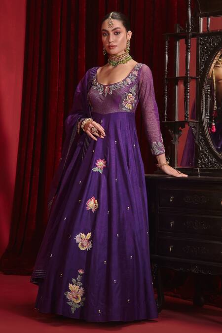 Buy Ajiesh Oberoi Purple Silk, Organza, Lycra Embroidery, Tassels Saloni Floral Long Anarkali Set Online at Aza Fashions Buy_Ajiesh Oberoi_Purple Silk, Organza, Lycra Embroidery, Tassels Saloni Floral Long Anarkali Set _Online_at_Aza_Fashions
