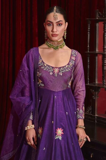 Shop Ajiesh Oberoi Purple Silk, Organza, Lycra Embroidery, Tassels Saloni Floral Long Anarkali Set Online at Aza Fashions Shop_Ajiesh Oberoi_Purple Silk, Organza, Lycra Embroidery, Tassels Saloni Floral Long Anarkali Set _Online_at_Aza_Fashions