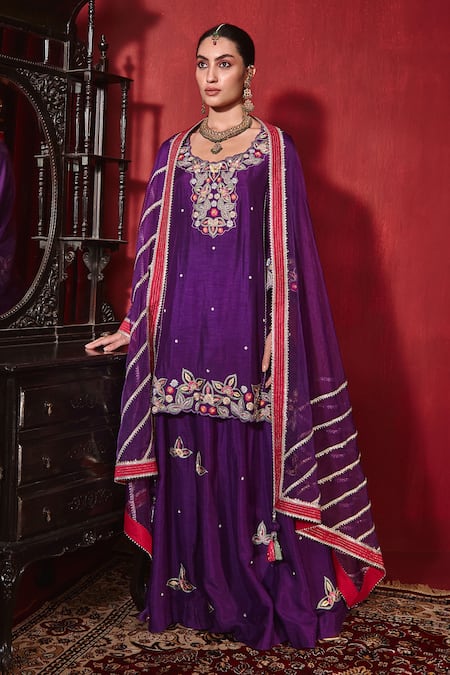 Ajiesh Oberoi Purple Silk, Organza Embroidery, Gota Patti Round Neck Shagun Kurta Sharara Set Online at Aza Fashions Ajiesh Oberoi_Purple Silk, Organza Embroidery, Gota Patti Round Neck Shagun Kurta Sharara Set _Online_at_Aza_Fashions