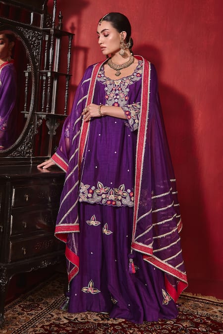Buy Ajiesh Oberoi Purple Silk, Organza Embroidery, Gota Patti Round Neck Shagun Kurta Sharara Set Online at Aza Fashions Buy_Ajiesh Oberoi_Purple Silk, Organza Embroidery, Gota Patti Round Neck Shagun Kurta Sharara Set _Online_at_Aza_Fashions