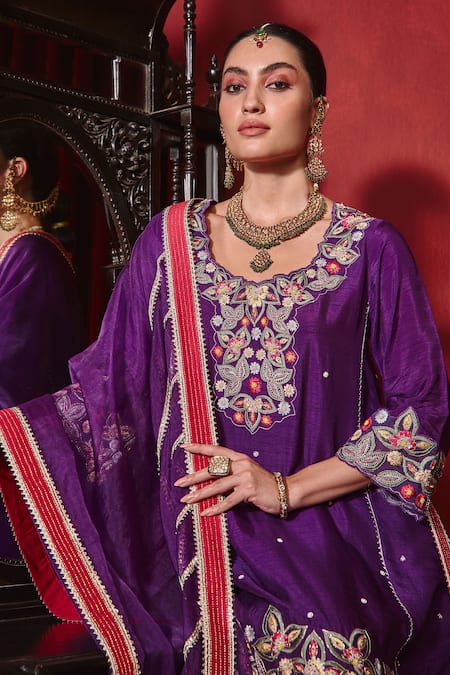 Shop Ajiesh Oberoi Purple Silk, Organza Embroidery, Gota Patti Round Neck Shagun Kurta Sharara Set Online at Aza Fashions Shop_Ajiesh Oberoi_Purple Silk, Organza Embroidery, Gota Patti Round Neck Shagun Kurta Sharara Set _Online_at_Aza_Fashions
