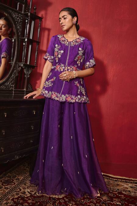 Ajiesh Oberoi Purple Silk, Organza Beads, Sequins Scoop Urvi Embroidered Jacket And Sharara Set Online at Aza Fashions Ajiesh Oberoi_Purple Silk, Organza Beads, Sequins Scoop Urvi Embroidered Jacket And Sharara Set _Online_at_Aza_Fashions