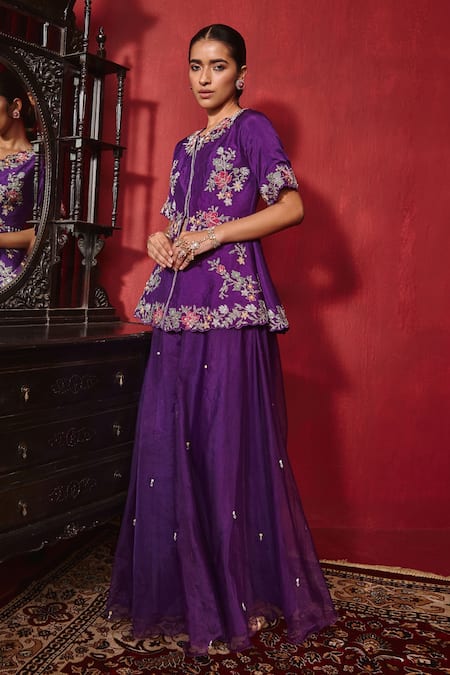 Shop Ajiesh Oberoi Purple Silk, Organza Beads, Sequins Scoop Urvi Embroidered Jacket And Sharara Set Online at Aza Fashions Shop_Ajiesh Oberoi_Purple Silk, Organza Beads, Sequins Scoop Urvi Embroidered Jacket And Sharara Set _Online_at_Aza_Fashions