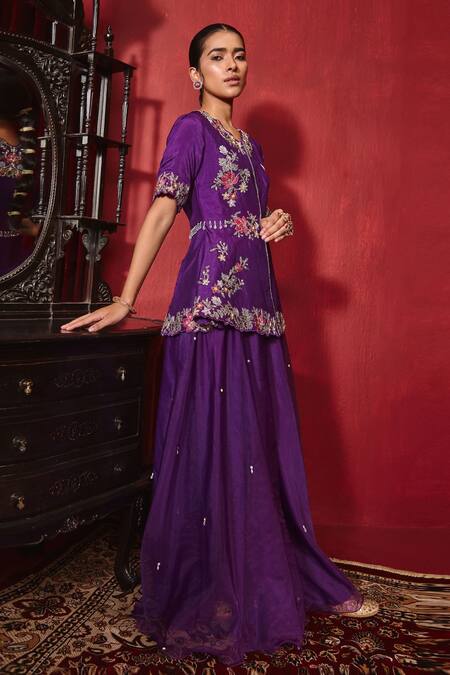 Ajiesh Oberoi Purple Silk, Organza Beads, Sequins Scoop Urvi Embroidered Jacket And Sharara Set at Aza Fashions Ajiesh Oberoi_Purple Silk, Organza Beads, Sequins Scoop Urvi Embroidered Jacket And Sharara Set _at_Aza_Fashions