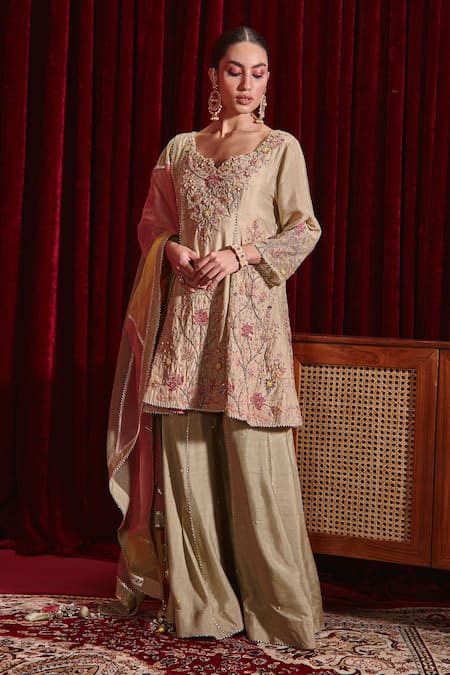 Ajiesh Oberoi Green Silk, Organza Embroidery Round Neck Anahita Floral Kurta Gharara Set Online at Aza Fashions Ajiesh Oberoi_Green Silk, Organza Embroidery Round Neck Anahita Floral Kurta Gharara Set _Online_at_Aza_Fashions
