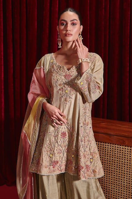 Buy Ajiesh Oberoi Green Silk, Organza Embroidery Round Neck Anahita Floral Kurta Gharara Set Online at Aza Fashions Buy_Ajiesh Oberoi_Green Silk, Organza Embroidery Round Neck Anahita Floral Kurta Gharara Set _Online_at_Aza_Fashions