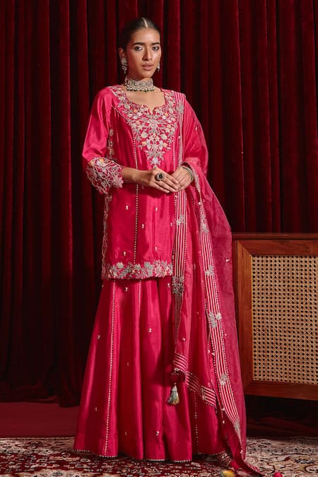 Ajiesh Oberoi Pink Silk, Organza Beads, Tassels, Embroidery Manu Floral Kurta Gharara Set Online at Aza Fashions Ajiesh Oberoi_Pink Silk, Organza Beads, Tassels, Embroidery Manu Floral Kurta Gharara Set _Online_at_Aza_Fashions