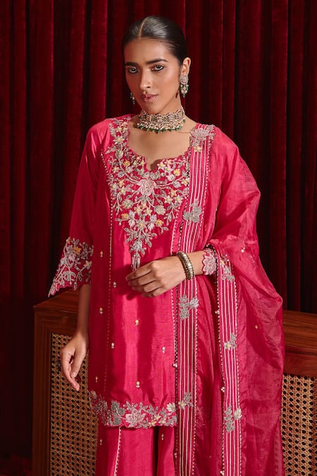 Shop Ajiesh Oberoi Pink Silk, Organza Beads, Tassels, Embroidery Manu Floral Kurta Gharara Set Online at Aza Fashions Shop_Ajiesh Oberoi_Pink Silk, Organza Beads, Tassels, Embroidery Manu Floral Kurta Gharara Set _Online_at_Aza_Fashions