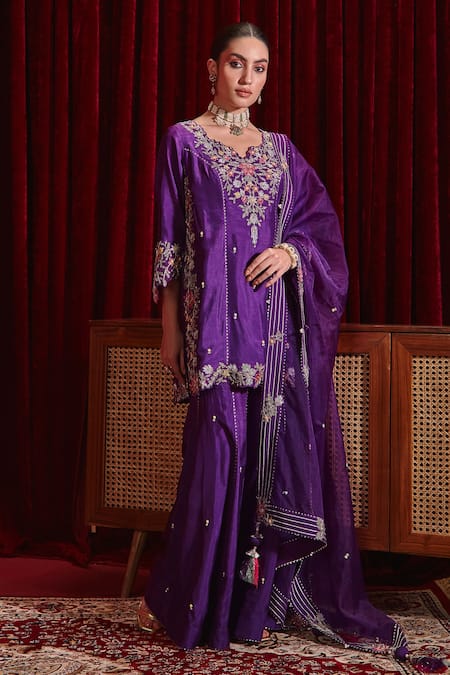 Ajiesh Oberoi Purple Silk, Organza Feathers, Embroidery Round Neck Manu Kurta Gharara Set Online at Aza Fashions Ajiesh Oberoi_Purple Silk, Organza Feathers, Embroidery Round Neck Manu Kurta Gharara Set _Online_at_Aza_Fashions