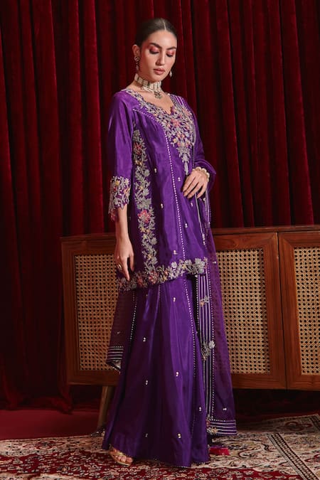 Buy Ajiesh Oberoi Purple Silk, Organza Feathers, Embroidery Round Neck Manu Kurta Gharara Set Online at Aza Fashions Buy_Ajiesh Oberoi_Purple Silk, Organza Feathers, Embroidery Round Neck Manu Kurta Gharara Set _Online_at_Aza_Fashions