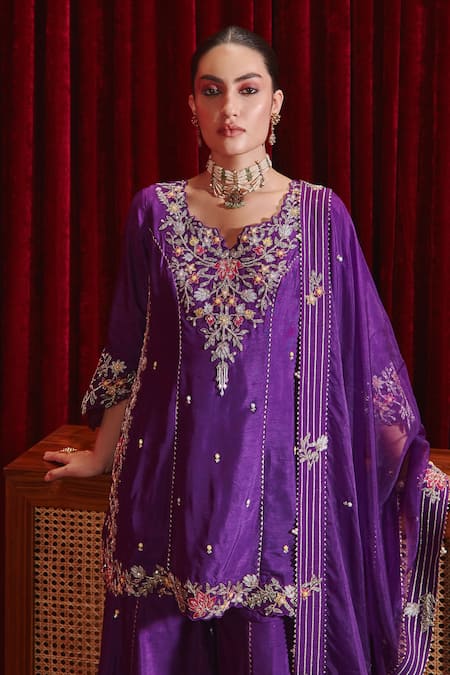 Shop Ajiesh Oberoi Purple Silk, Organza Feathers, Embroidery Round Neck Manu Kurta Gharara Set Online at Aza Fashions Shop_Ajiesh Oberoi_Purple Silk, Organza Feathers, Embroidery Round Neck Manu Kurta Gharara Set _Online_at_Aza_Fashions
