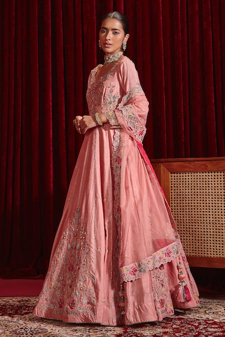 Ajiesh Oberoi Pink Silk, Lycra, Organza Embroidery, Tassels V-neck Naira Floral Anarkali Set Online at Aza Fashions Ajiesh Oberoi_Pink Silk, Lycra, Organza Embroidery, Tassels V-neck Naira Floral Anarkali Set _Online_at_Aza_Fashions