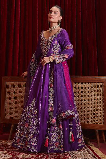 Ajiesh Oberoi Purple Denim, Silk, Organza, Lycra Embroidery, Tassels Naira Long Anarkali Set Online at Aza Fashions Ajiesh Oberoi_Purple Denim, Silk, Organza, Lycra Embroidery, Tassels Naira Long Anarkali Set _Online_at_Aza_Fashions