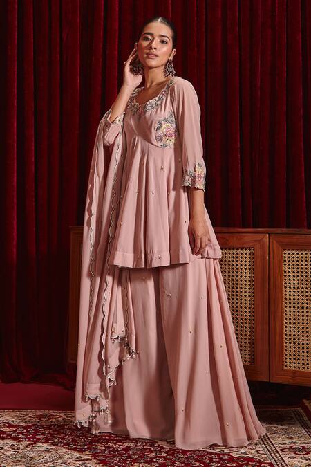 Ajiesh Oberoi Pink Georgette Embroidery Round Neck Riddhi Peplum Kurta Sharara Set Online at Aza Fashions Ajiesh Oberoi_Pink Georgette Embroidery Round Neck Riddhi Peplum Kurta Sharara Set _Online_at_Aza_Fashions