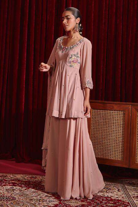 Buy Ajiesh Oberoi Pink Georgette Embroidery Round Neck Riddhi Peplum Kurta Sharara Set Online at Aza Fashions Buy_Ajiesh Oberoi_Pink Georgette Embroidery Round Neck Riddhi Peplum Kurta Sharara Set _Online_at_Aza_Fashions