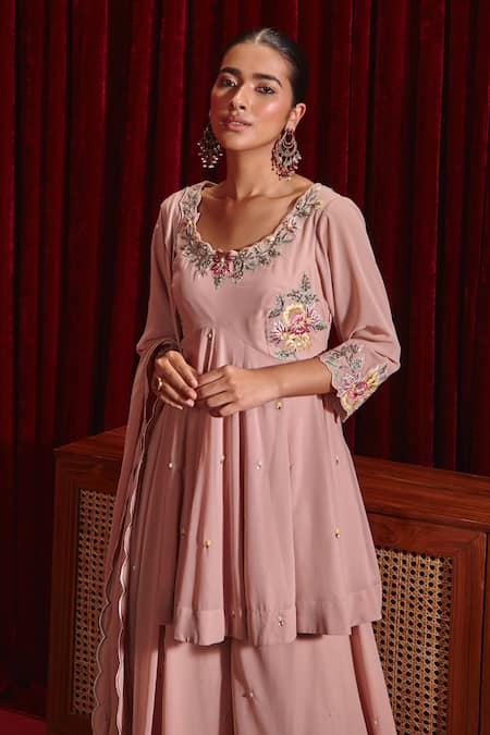 Shop Ajiesh Oberoi Pink Georgette Embroidery Round Neck Riddhi Peplum Kurta Sharara Set Online at Aza Fashions Shop_Ajiesh Oberoi_Pink Georgette Embroidery Round Neck Riddhi Peplum Kurta Sharara Set _Online_at_Aza_Fashions