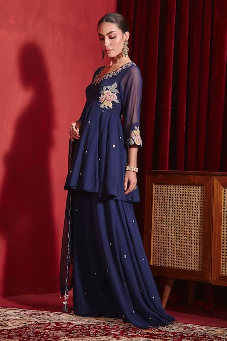 Ajiesh Oberoi Blue Georgette Embroidery Round Neck Riddhi Floral Peplum Kurta Set Online at Aza Fashions Ajiesh Oberoi_Blue Georgette Embroidery Round Neck Riddhi Floral Peplum Kurta Set _Online_at_Aza_Fashions