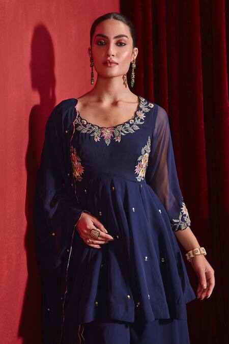 Buy Ajiesh Oberoi Blue Georgette Embroidery Round Neck Riddhi Floral Peplum Kurta Set Online at Aza Fashions Buy_Ajiesh Oberoi_Blue Georgette Embroidery Round Neck Riddhi Floral Peplum Kurta Set _Online_at_Aza_Fashions