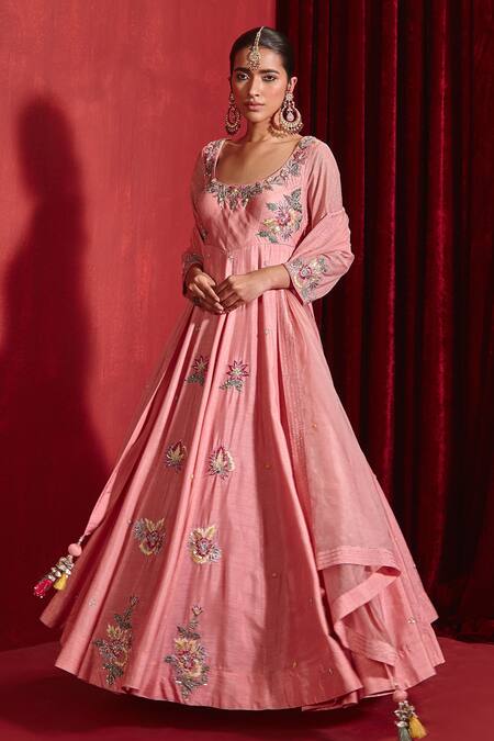 Ajiesh Oberoi Pink Lycra, Organza Tassels Scoop Neck Saloni Floral Embroidered Anarkali Set Online at Aza Fashions Ajiesh Oberoi_Pink Lycra, Organza Tassels Scoop Neck Saloni Floral Embroidered Anarkali Set _Online_at_Aza_Fashions