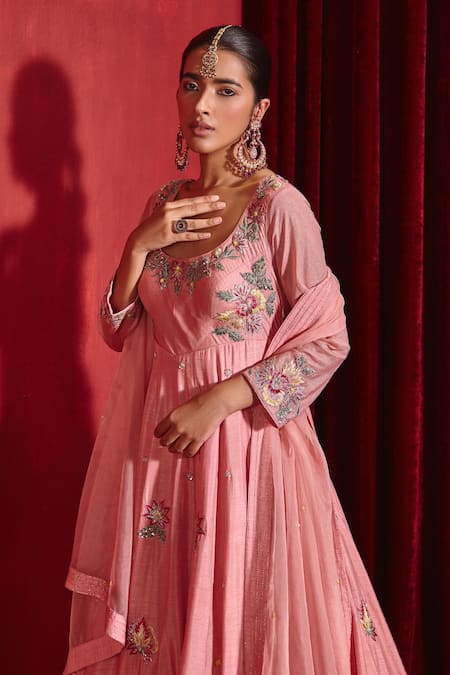 Shop Ajiesh Oberoi Pink Lycra, Organza Tassels Scoop Neck Saloni Floral Embroidered Anarkali Set Online at Aza Fashions Shop_Ajiesh Oberoi_Pink Lycra, Organza Tassels Scoop Neck Saloni Floral Embroidered Anarkali Set _Online_at_Aza_Fashions