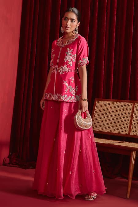 Ajiesh Oberoi Pink Silk, Organza Beads Scoop Neck Urvi Floral Embroidered Jacket And Sharara Set Online at Aza Fashions Ajiesh Oberoi_Pink Silk, Organza Beads Scoop Neck Urvi Floral Embroidered Jacket And Sharara Set _Online_at_Aza_Fashions