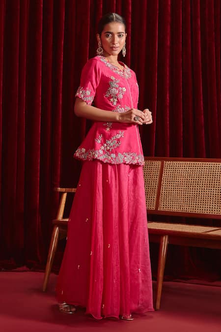 Buy Ajiesh Oberoi Pink Silk, Organza Beads Scoop Neck Urvi Floral Embroidered Jacket And Sharara Set Online at Aza Fashions Buy_Ajiesh Oberoi_Pink Silk, Organza Beads Scoop Neck Urvi Floral Embroidered Jacket And Sharara Set _Online_at_Aza_Fashions