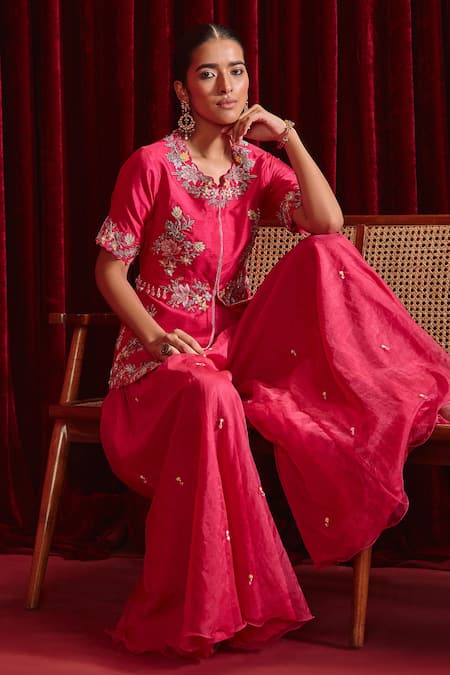 Shop Ajiesh Oberoi Pink Silk, Organza Beads Scoop Neck Urvi Floral Embroidered Jacket And Sharara Set Online at Aza Fashions Shop_Ajiesh Oberoi_Pink Silk, Organza Beads Scoop Neck Urvi Floral Embroidered Jacket And Sharara Set _Online_at_Aza_Fashions