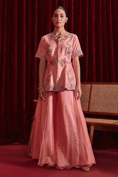 Ajiesh Oberoi Pink Silk, Organza Beads Scoop Neck Urvi Floret Embroidered Jacket And Sharara Set Online at Aza Fashions Ajiesh Oberoi_Pink Silk, Organza Beads Scoop Neck Urvi Floret Embroidered Jacket And Sharara Set _Online_at_Aza_Fashions