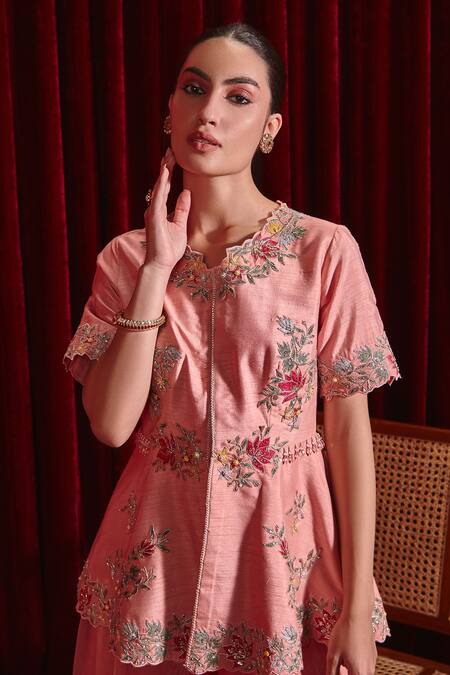Buy Ajiesh Oberoi Pink Silk, Organza Beads Scoop Neck Urvi Floret Embroidered Jacket And Sharara Set Online at Aza Fashions Buy_Ajiesh Oberoi_Pink Silk, Organza Beads Scoop Neck Urvi Floret Embroidered Jacket And Sharara Set _Online_at_Aza_Fashions