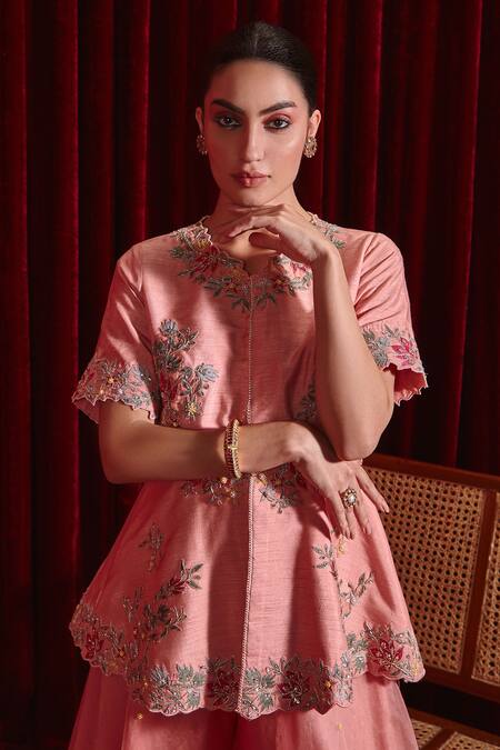 Shop Ajiesh Oberoi Pink Silk, Organza Beads Scoop Neck Urvi Floret Embroidered Jacket And Sharara Set Online at Aza Fashions Shop_Ajiesh Oberoi_Pink Silk, Organza Beads Scoop Neck Urvi Floret Embroidered Jacket And Sharara Set _Online_at_Aza_Fashions