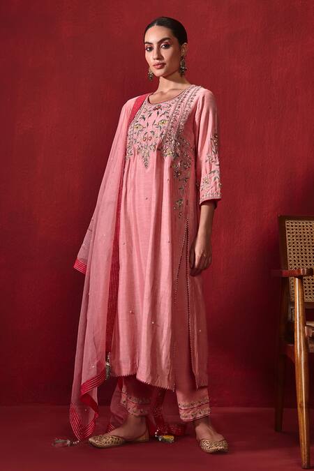 Ajiesh Oberoi Pink Silk, Rayon, Organza Embroidery Round Neck Preeti Straight Long Kurta Set Online at Aza Fashions Ajiesh Oberoi_Pink Silk, Rayon, Organza Embroidery Round Neck Preeti Straight Long Kurta Set _Online_at_Aza_Fashions