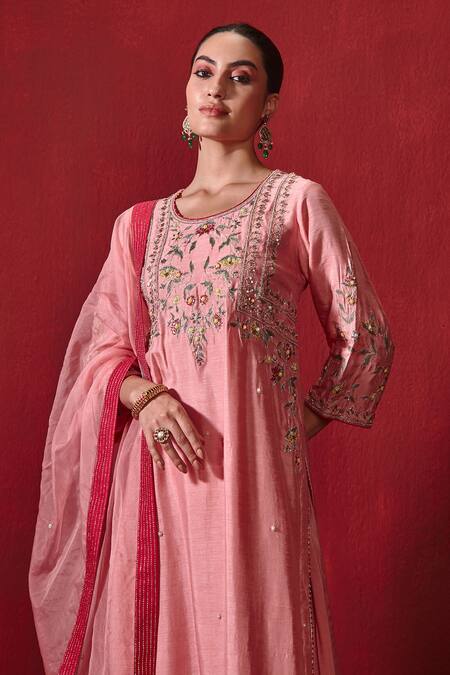Buy Ajiesh Oberoi Pink Silk, Rayon, Organza Embroidery Round Neck Preeti Straight Long Kurta Set Online at Aza Fashions Buy_Ajiesh Oberoi_Pink Silk, Rayon, Organza Embroidery Round Neck Preeti Straight Long Kurta Set _Online_at_Aza_Fashions