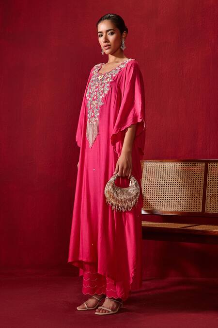 Ajiesh Oberoi Pink Cotton, Silk Pearls, Crystals Round Ambar Embroidered Kaftan And Palazzo Set Online at Aza Fashions Ajiesh Oberoi_Pink Cotton, Silk Pearls, Crystals Round Ambar Embroidered Kaftan And Palazzo Set _Online_at_Aza_Fashions