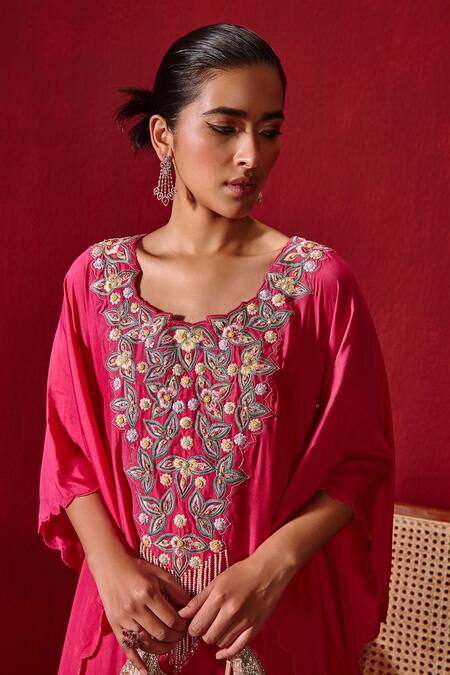 Buy Ajiesh Oberoi Pink Cotton, Silk Pearls, Crystals Round Ambar Embroidered Kaftan And Palazzo Set Online at Aza Fashions Buy_Ajiesh Oberoi_Pink Cotton, Silk Pearls, Crystals Round Ambar Embroidered Kaftan And Palazzo Set _Online_at_Aza_Fashions