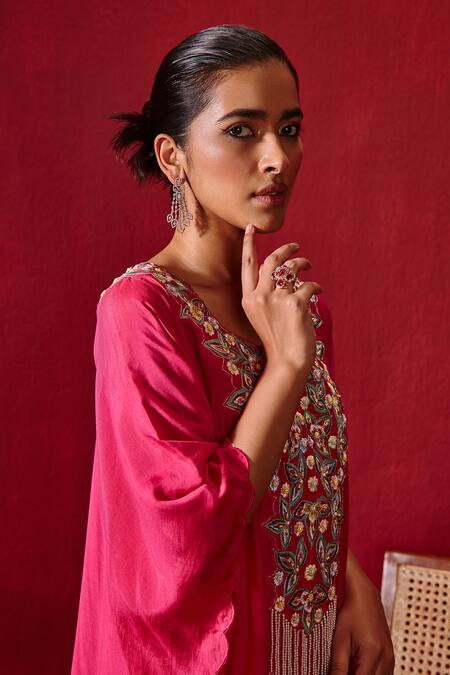 Shop Ajiesh Oberoi Pink Cotton, Silk Pearls, Crystals Round Ambar Embroidered Kaftan And Palazzo Set Online at Aza Fashions Shop_Ajiesh Oberoi_Pink Cotton, Silk Pearls, Crystals Round Ambar Embroidered Kaftan And Palazzo Set _Online_at_Aza_Fashions