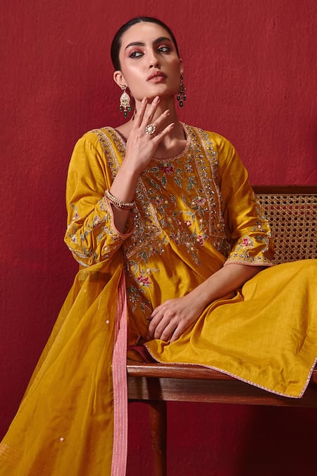 Ajiesh Oberoi Yellow Organza, Silk, Rayon Embroidery Round Neck Preeti Long Kurta Set Online at Aza Fashions Ajiesh Oberoi_Yellow Organza, Silk, Rayon Embroidery Round Neck Preeti Long Kurta Set _Online_at_Aza_Fashions